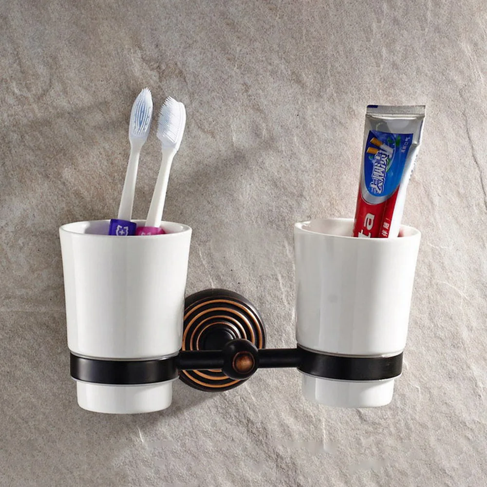 

Black Oil Rubbed Brass Toothbrush Holder With Dual Ceramic Cups Wall Mounted Bathroom Accessories aba143