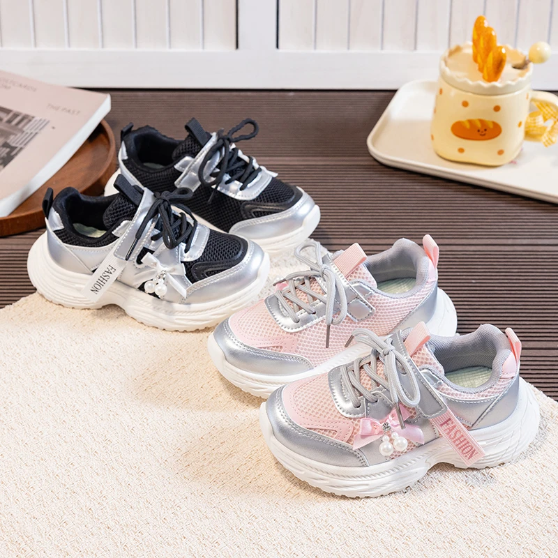 Girls Mesh Sneakers Bow Pearl Pendant Magic Tape Thick Sole Breathable Children Casual Running Shoes