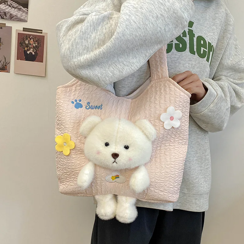 Cute Tote Bag Girl Tank Top Bag Fashion Cubic Bear Shoulder Bag Cotton Canvas Large Capacity Handbag Embroidery Handbag Korean