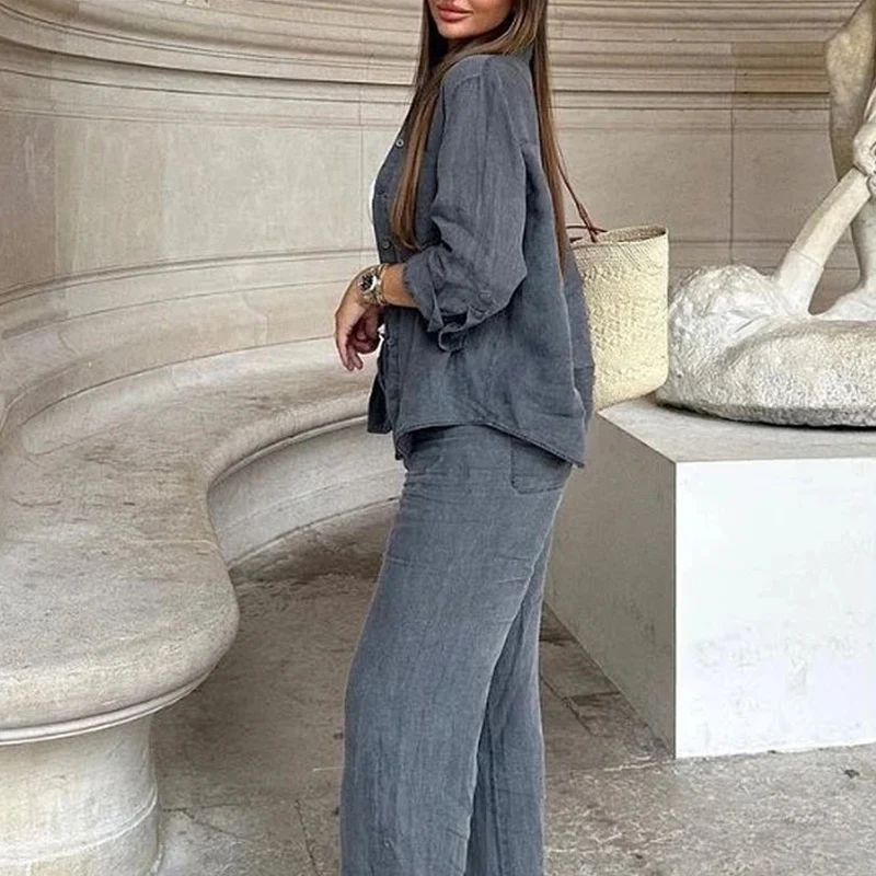 TRAF Grey Linen Women Two Piece Set Loose Button Women Shirt And Mid Waist Zipper Lady Pants 2024 Summer Fashion Casual Lady Set