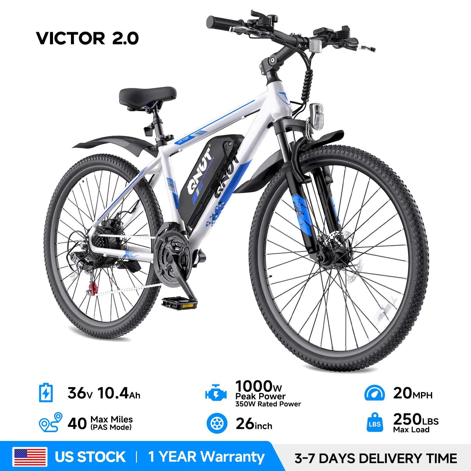 QNUT Victor Electric Bike Adults Electric Bicycle Peak 1000W 36V 7.8AH&10.4AH E Bike 26' Fat Tire Mountain Bike 20mph Electric Dirt Bike image 2