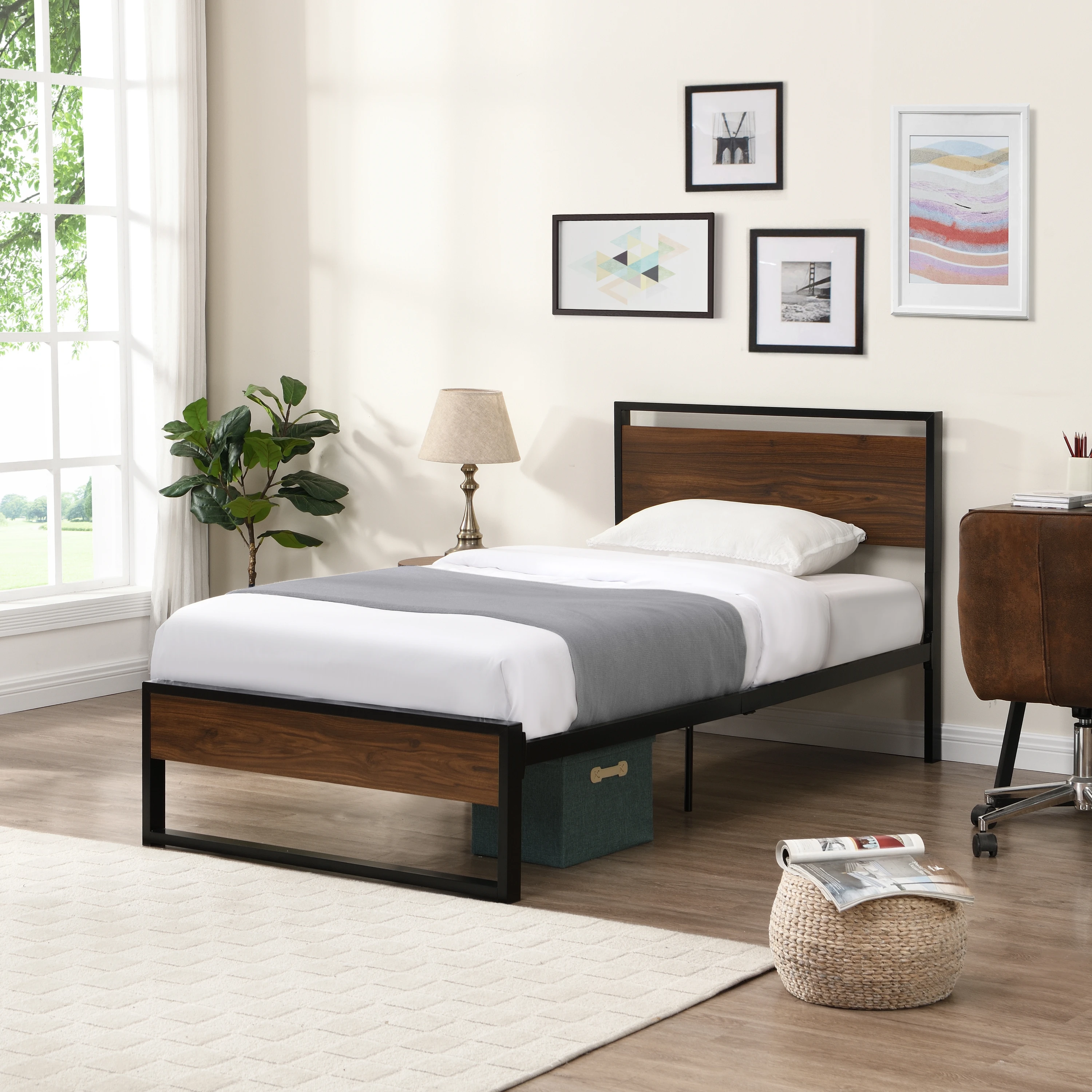 Twin Bed Frame with Wood Headboard and Footboard, Metal Platform Bed Frame with Storage No Box Spring Needed