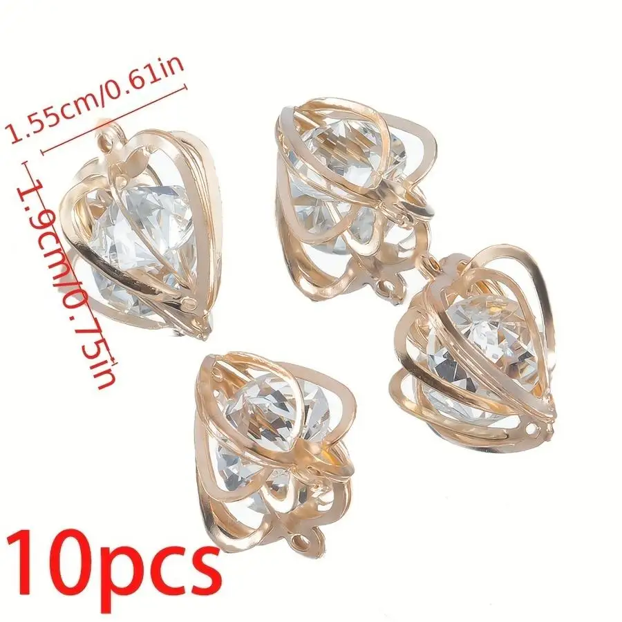 1/5/10/20/50/100pcs KC Gold Alloy Jewelry: Openwork Teardrop-Shaped Heart Pendants with Clear Rhinestones Inside; Earrings, Neck