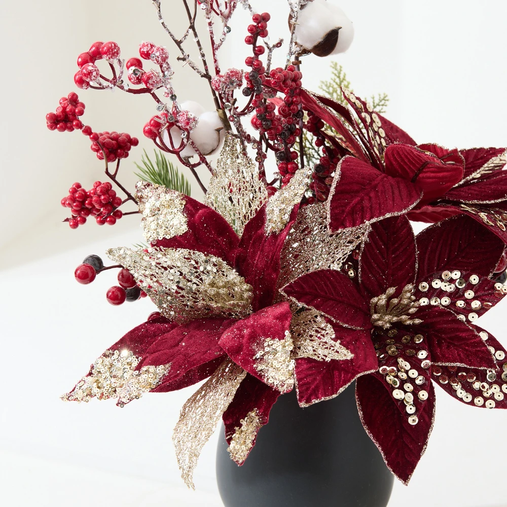 

Artificial Christmas Flower Red Fake Flower Xmas Tree Ornament Merry Christmas Decorations for 2026 New Year Navidad Decor Gifts