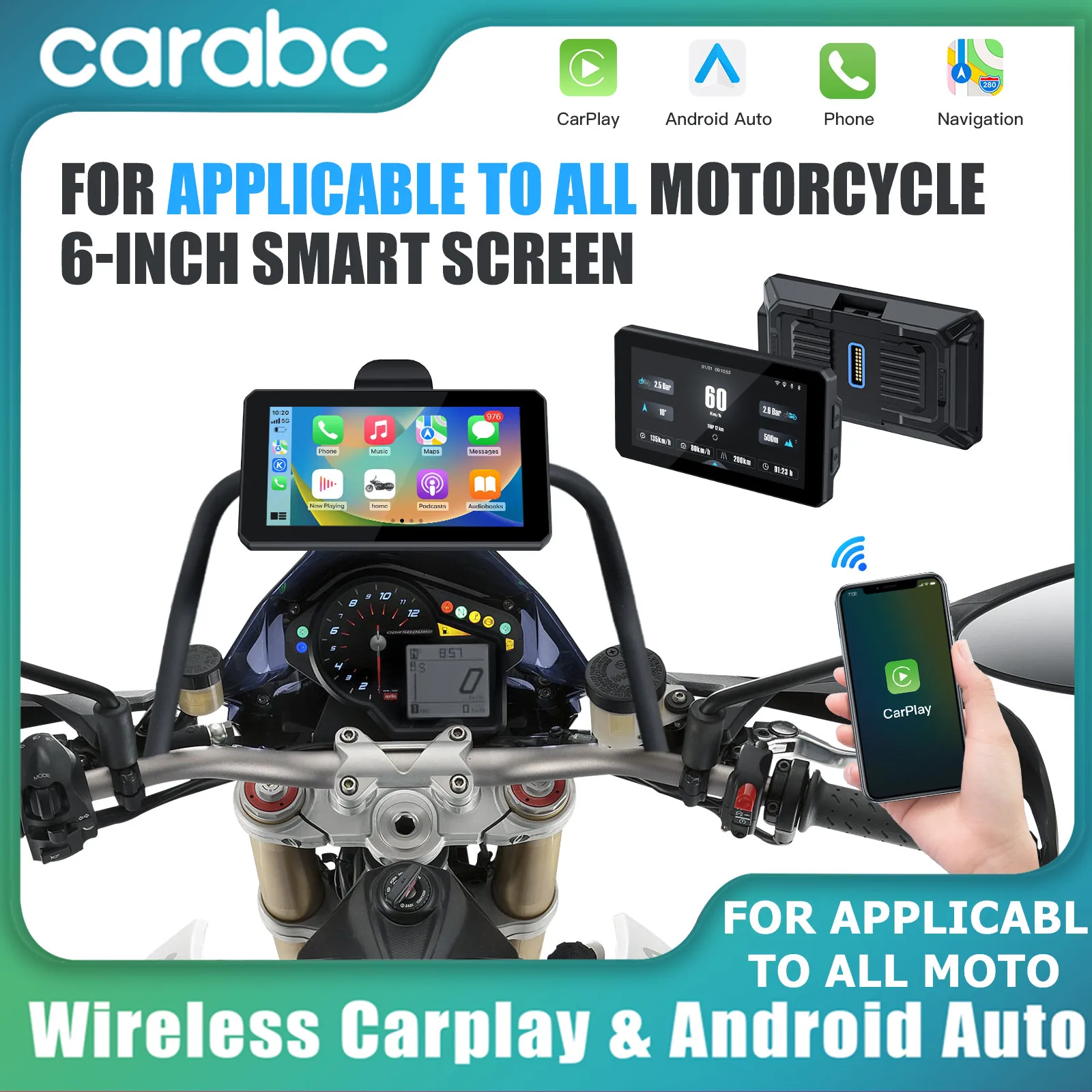 DM601 6 inch Portable Motorcycle Wireless Carplay Android Auto GPS Navigation  IP68 Waterproof DVR Drive Recorder Moto TPMS