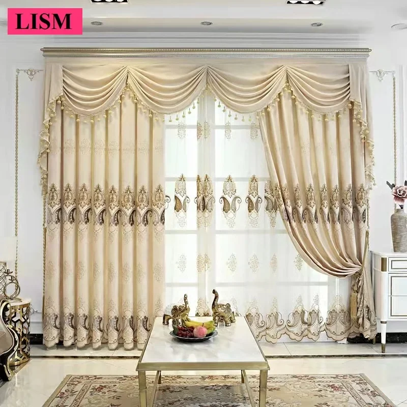 European Luxury Chenille Curtains for Living Room Bedroom House  Window Blackout Decor Custom Valance Hall Embroidered Tulle