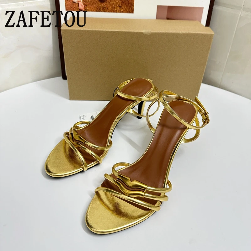 Zafetou Women's Sandals 2024 Trend New Product Golden Round Head With Exposed Toes Ankle Buckle High heels Shoes For Women