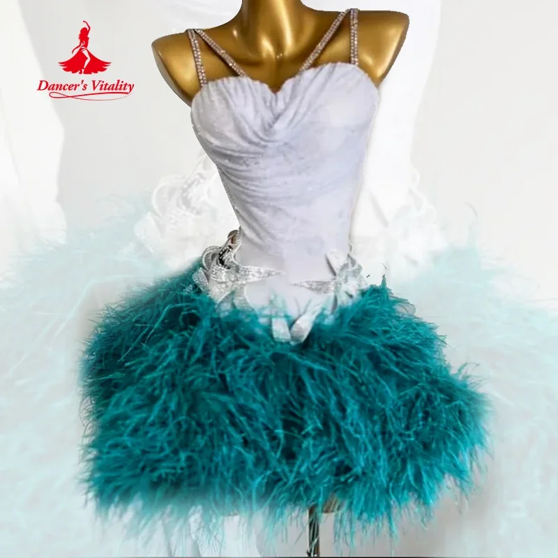 Traje de baile latino de gama alta, vestido sin espalda de plumas de lujo personalizado para adultos y niños, vestidos de actuación de Tango Samba Rumba