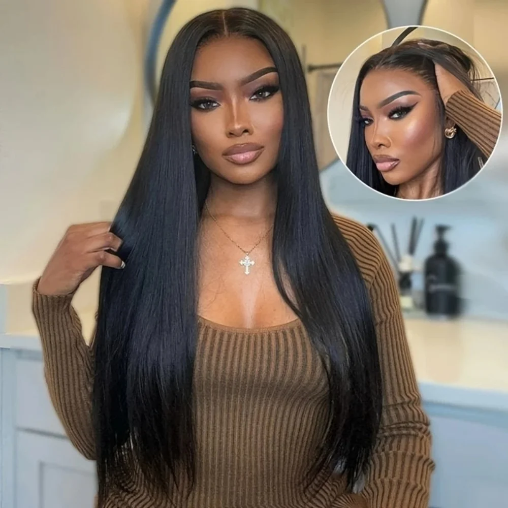 

Straight Lace Front Wigs Human Hair 13×4 Lace Frontal Wig 200Density Natural Color Pre Plucked Transparent Wigs For Women1B