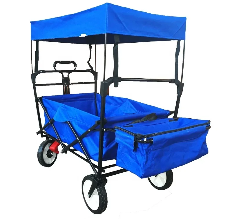 Outdoor Camping Cart with Adjustable Handle Bar, Folding Trolley Utility Picnic Wagon Have Sun/Rain Shade