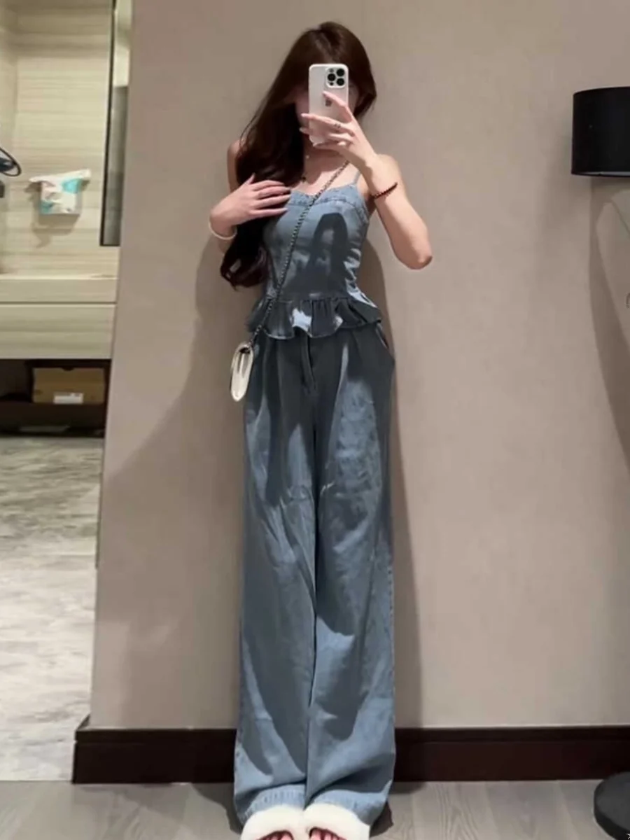 

Retro American Hot Girl Denim Set Women Summer Wood Grain Strap Top High Waist Wide Leg Pants Two Piece Set