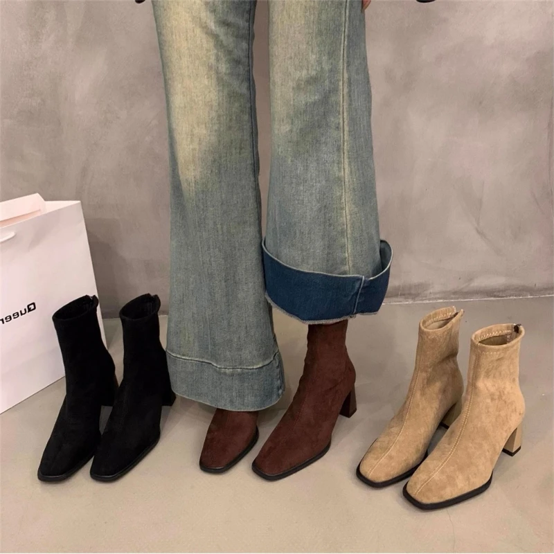 

Autumn Winter Vintage Thick Heels Women Ankle Boots Elegant Square Toe Stripper Party Shoes Modern Short Botas Para Mujer