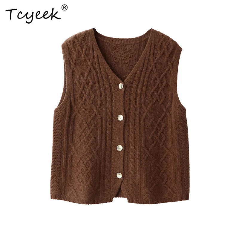

Tcyeek, 100%Sheep Wool Elegant Vest, Women V Neck Sleeveless Solid, Casual Fashion OL Sweater Vest, 2024 Fall Winter T48853QC