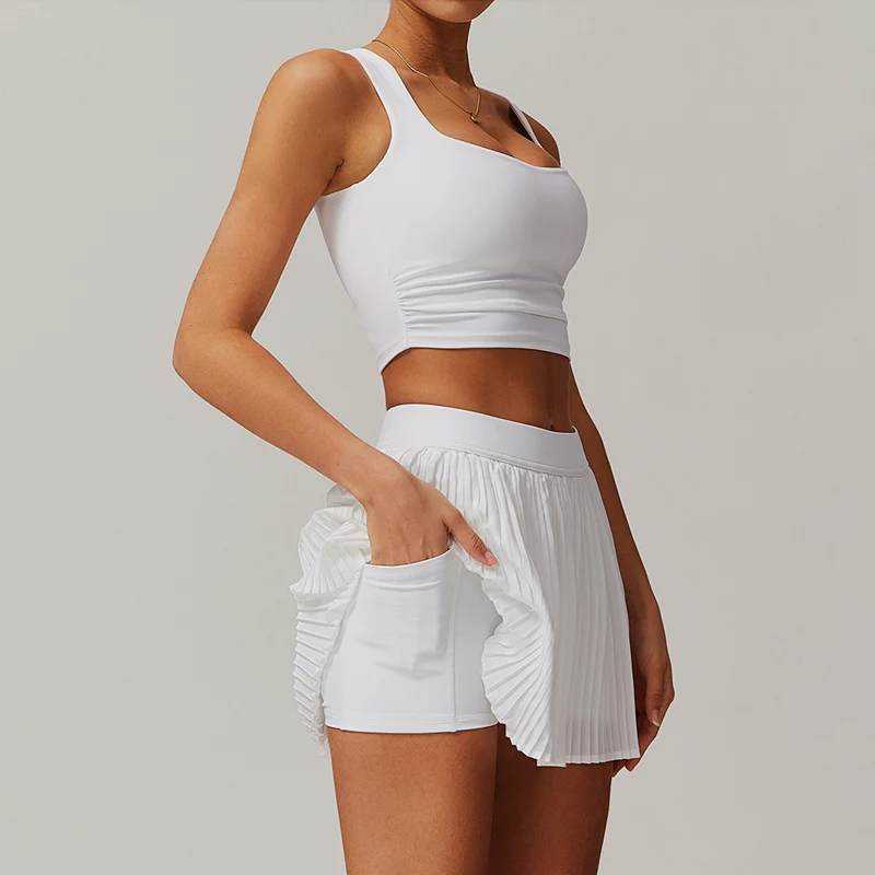 2 Piece Tennis Dresses for Women High Waisted Pleated Skirt Sets Square Neck Padded Crop Top Athletic Workout Dress with Shorts