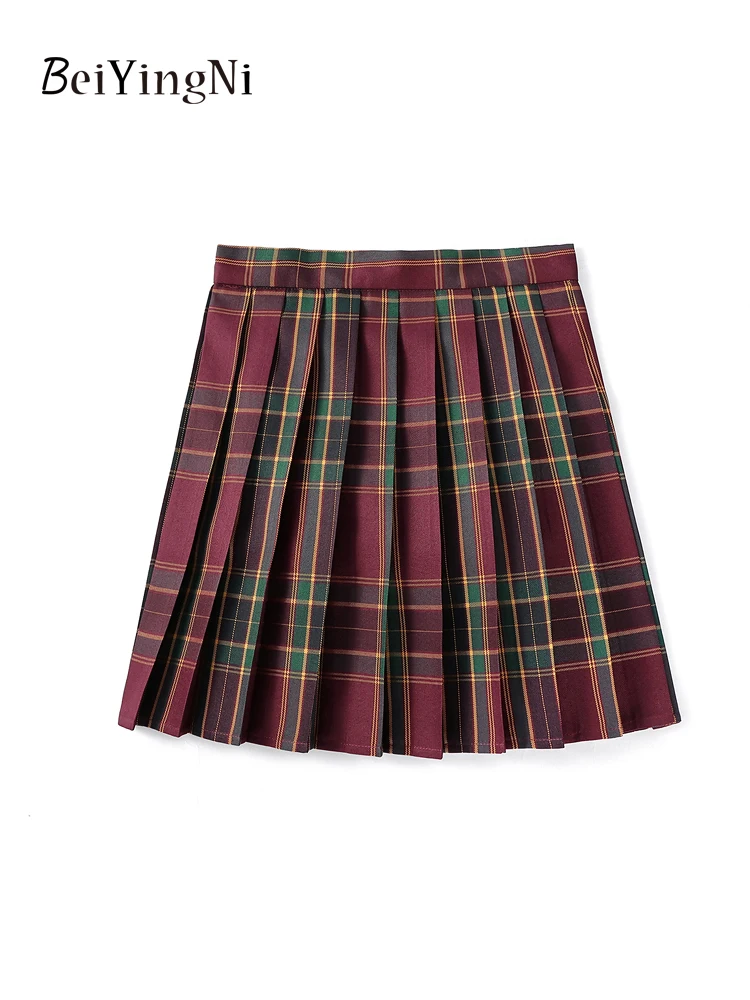 Beiyingni Damska plisowana spódnica ze spodniami ochronnymi Retro Plaid Student High Waisted A-line High Waist Mini Skirts Girls Lining Jupe