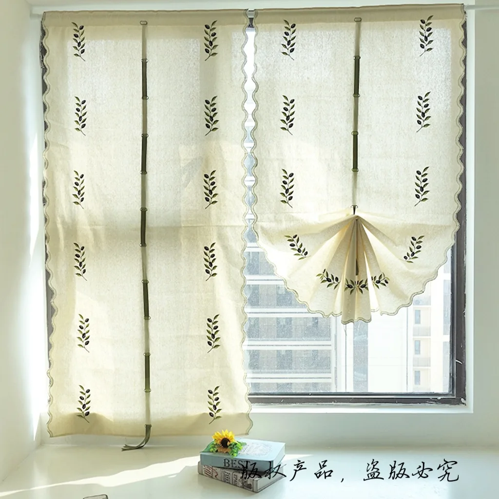 French light luxury semi shading pull-up curtain with olive branch, cotton and linen, lotus leaf edge decoration balloon curtain