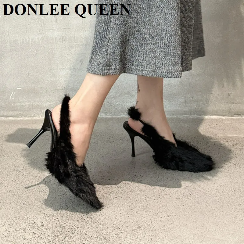Pointed Toe Slingback Sandals Women High Heels Shoes Shallow Slip On Fur Design 2024 New Spring Ladies Pumps Party Wedding Mujer