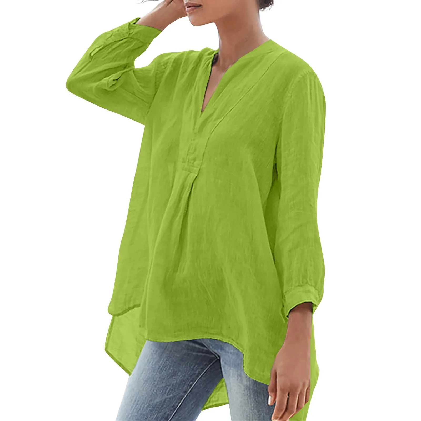 Elegant Cotton Linen Shirts Women Casual Solid V Neck T Shirt Female Summer Seven Sleeve Loose Tops Tunic Casual Ladies Shirt