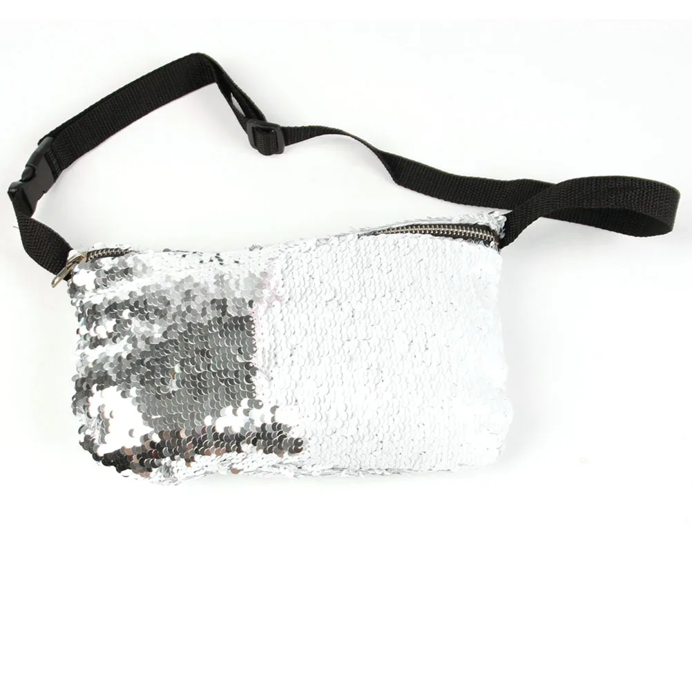 

Multifunctional Women Waist Bag Fanny Packs Adjustable Sequins Design Smooth Zipper Silver Color Storage Capacity