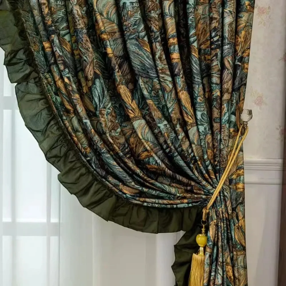 

Custom New American Retro Green Velvet Curtains for Living Room Bedroom Bay Window in French Vintage Style
