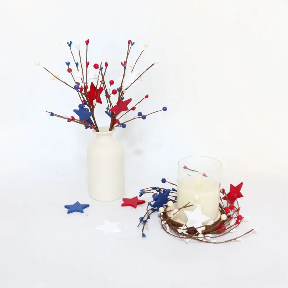 Patriotic Berry Star Candle Ring Ornament For July Fourth Holiday Celebration Tabletop Decor Floral Wreath Accessory