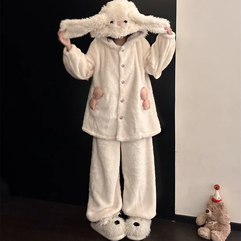 

Cute Hooded Nightgown Fleece Winter Warm Pajamas Thick Soft Comfortable Sleepwear Girls Women Home Clothes White Pajamas