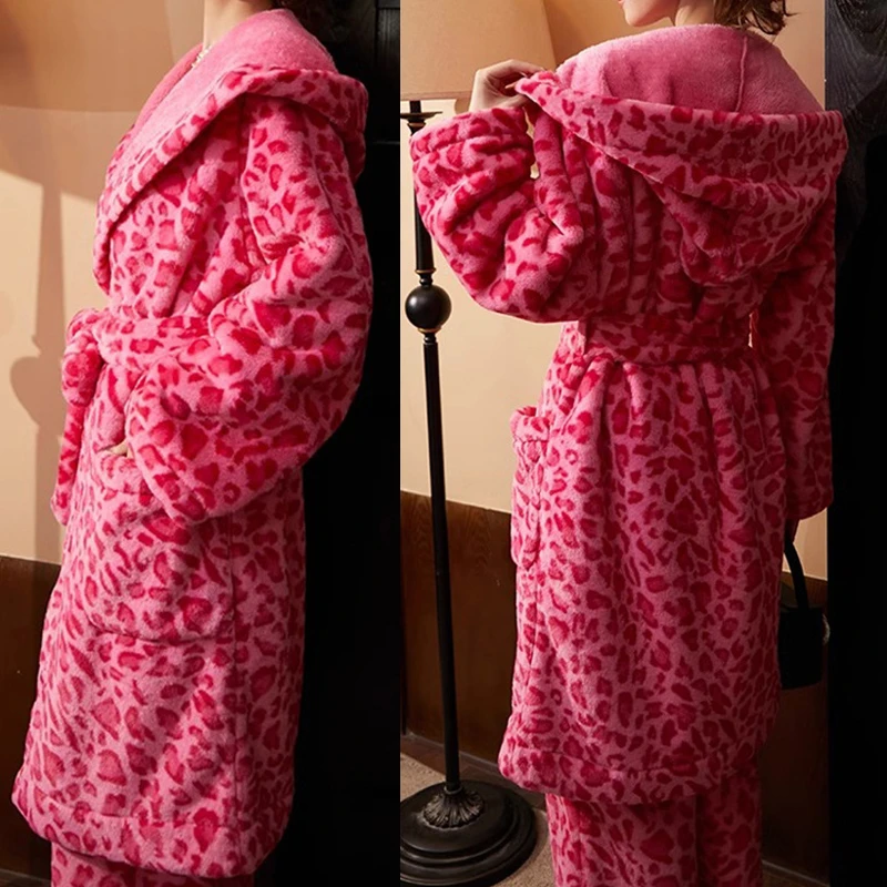 Thicken Flannel Hooded Robe Pajamas Set Winter Warm Women's Sleepwear Trouser Suits Sexy Leopard Coral Fleece Bathrobe Homewear