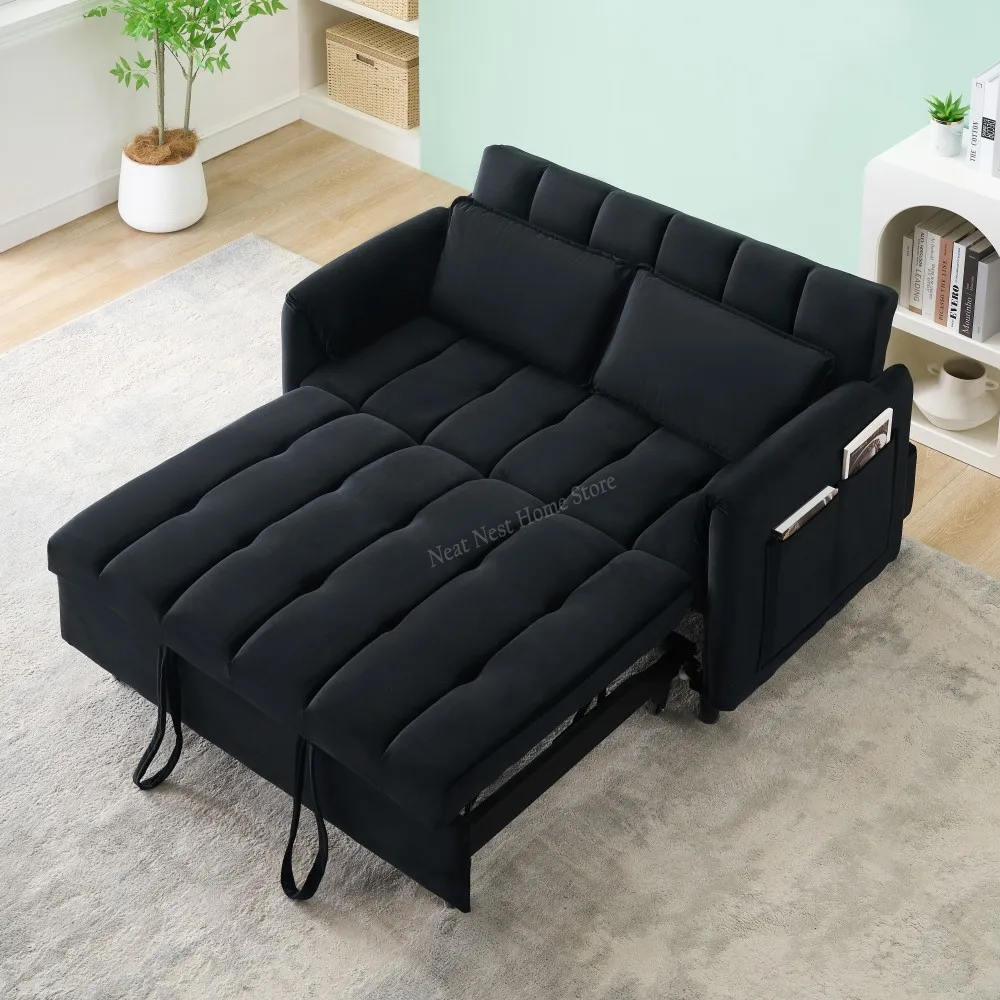 

53 "black modern velvet sofa, sofa pull-out bed,pillow,iving room furniture,3 in 1 convertible sleep sofa bed, sofa bed foldable