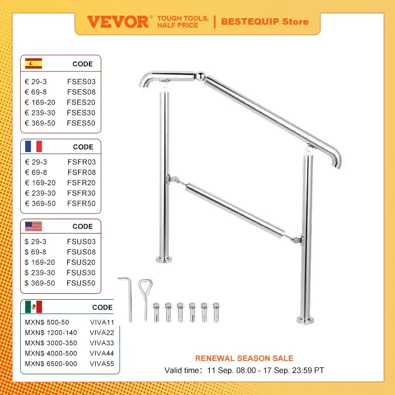 VEVOR 3-5 Step Railing Stainless Steel Transitional Handrail Fit For Level Surface Adjustable Stair Railing Safely Up/Downstairs