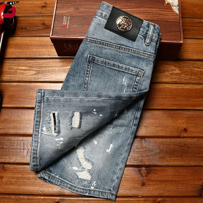 Shorts jeans rasgados high-end para homens, elásticos, slim fit, harulage, estilo motor, rua, retrô, azul, moda verão