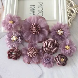 10PCS/Lot Mix Styles Dark Purple Series Fabric Chiffon Rose Flowers Hair DIY Accessories Dress Hats Decoration