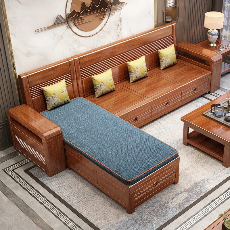 รุ่นใหม่ ห้องนั่งเล่นโซฟาไม้เนื้อแข็ง อพาร์ทเมนต์ขนาดเล็ก เตียงเจาะสามคน สไตล์จีนใหม่