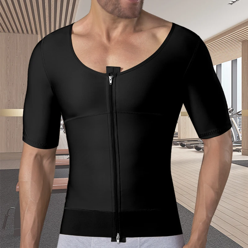 Men Slimming Tummy Control Body Shaper Post Op Surgery Gynecomastia Lipo Short Sleeve Vest Faja Shapewear Top