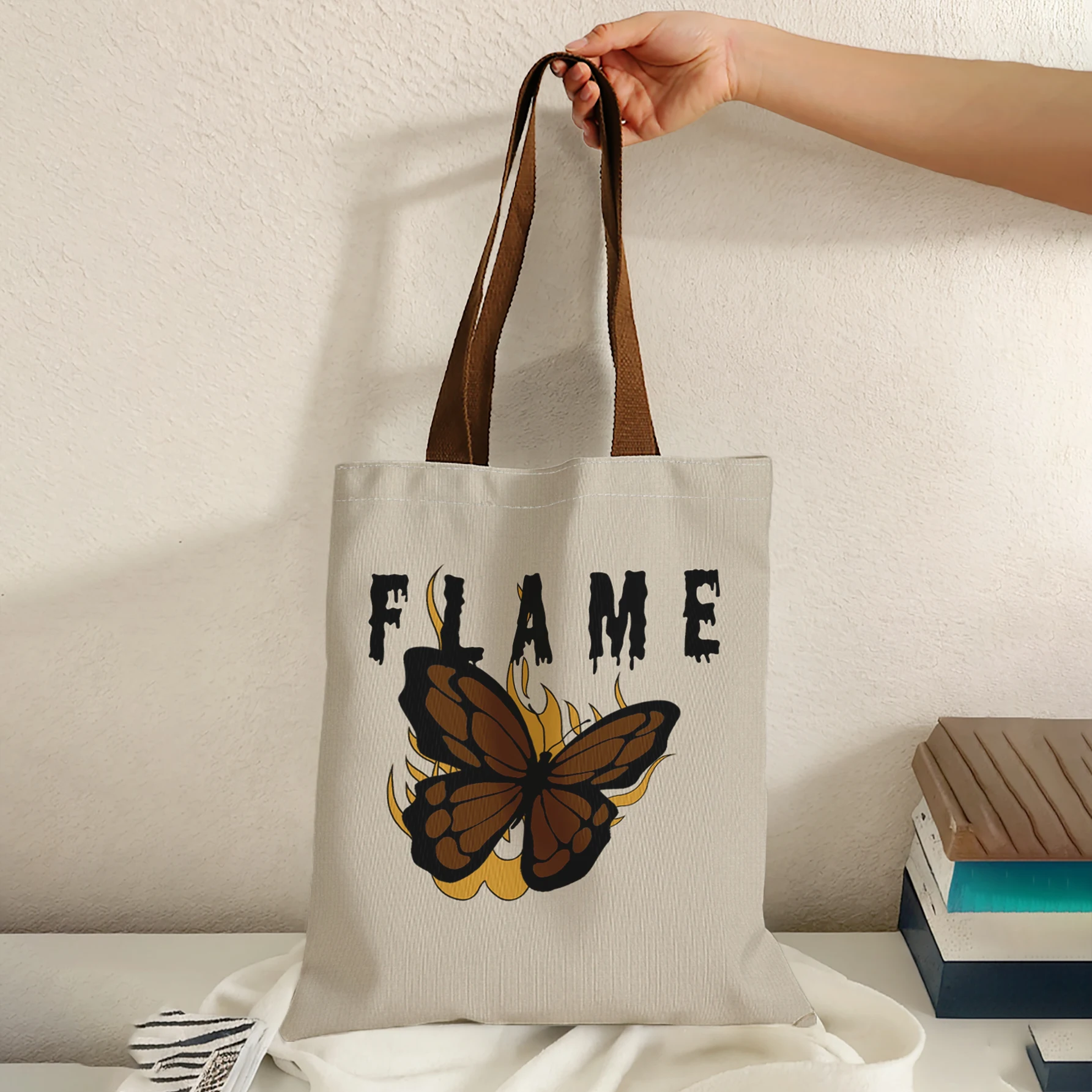 Flame Letter Brown Butterfly Fire Print Tote Bag Large Capacity Shoulder Bag For Shopping Travel Daily Use