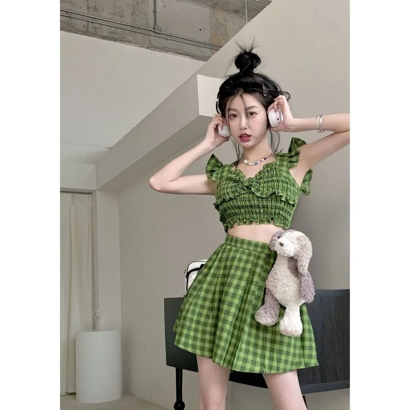 

2026 Summer New Women's Dress Set Korean Fashion Green Plaid Bow Halter Top + High Waist Mini Skirt Two Piece Sets Woman