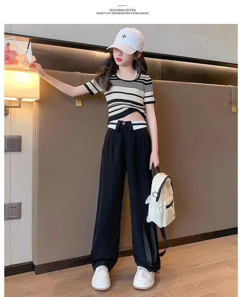 2024 summer Kids tracksuit Children set Girls Clothes striped T-Shirt + straight wide leg Cargo Pants Teenager 6 7 10 11 12 year