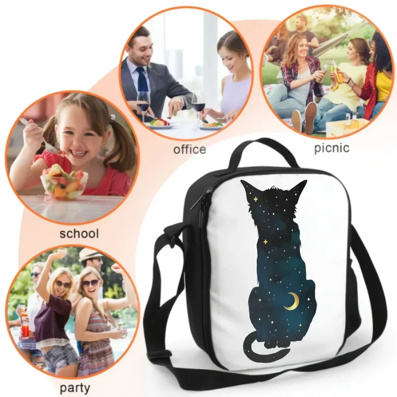 Sacs à lunch thermiques isolés pour garçons et filles, fourre-tout lavable, récipient alimentaire, silhouette de chat avec croissant de lune et étoiles