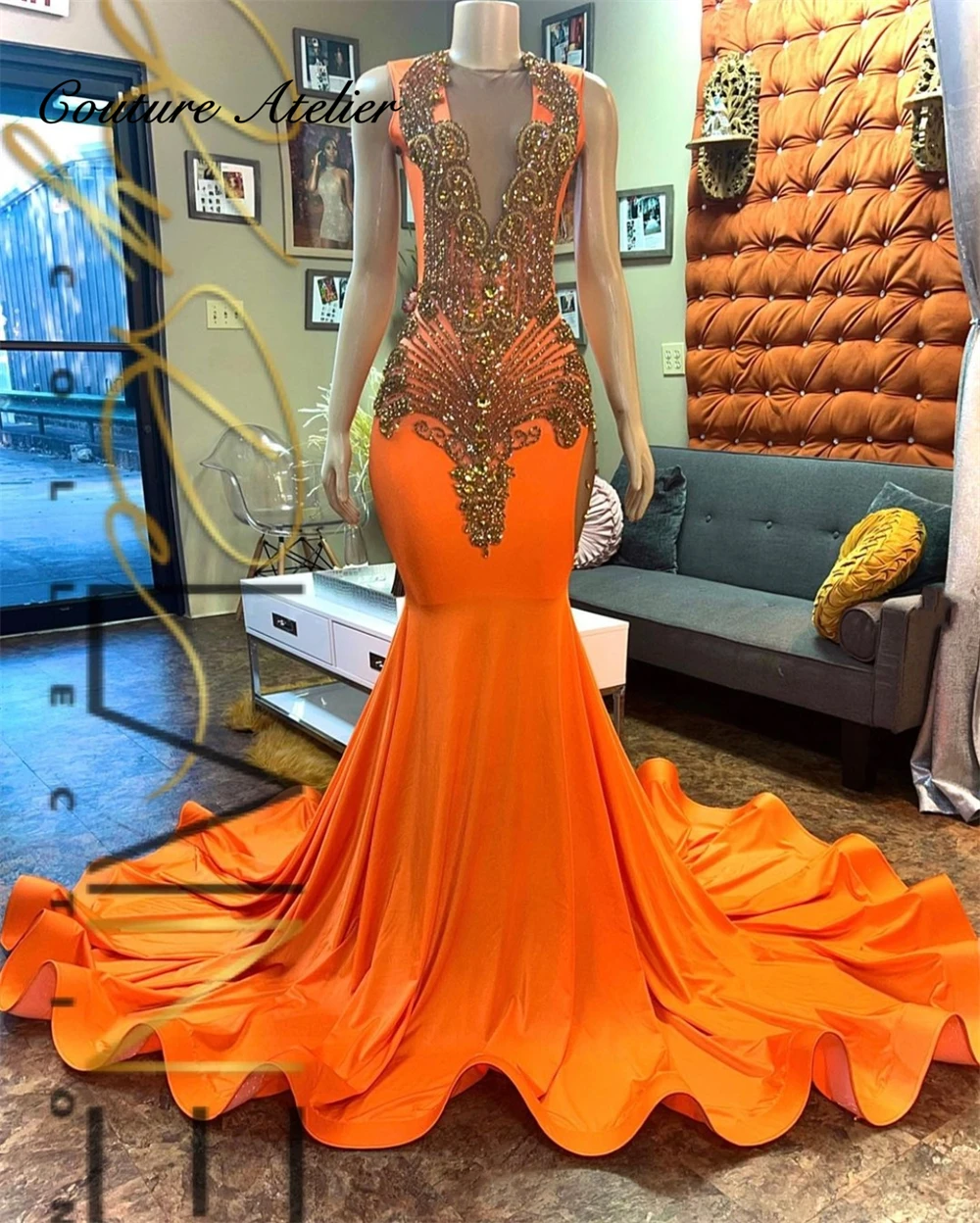 Pretty Orange Mermaid Gold Crystal Beading Prom Dresses 2024 Luxury Wedding Gowns Black Girs Formal Occasion Cocktail Customized