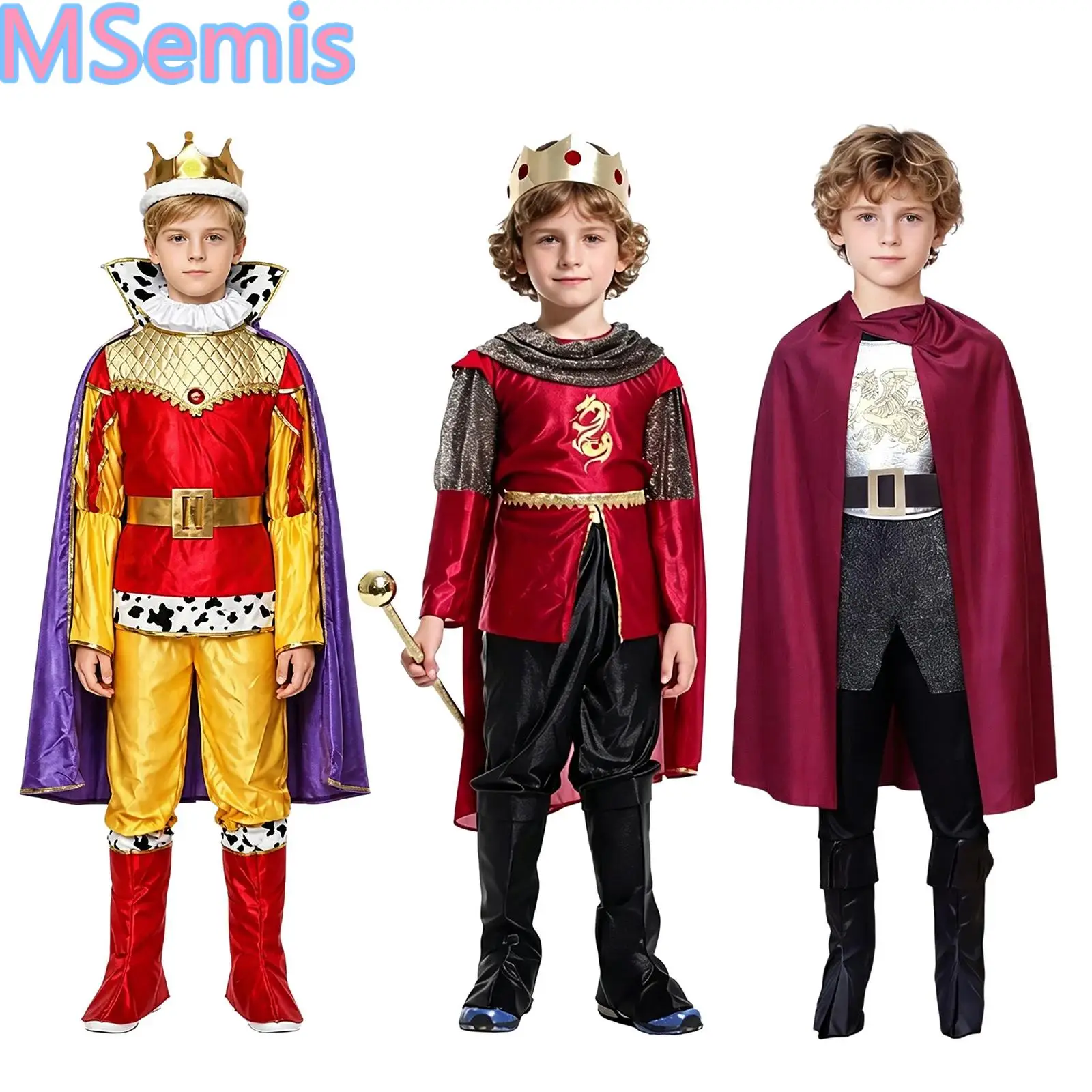 Kids Boys Halloween Royal Little King Costume Long Sleeve Tops Pants and Headwear Set for Performance Masquerade Themed Party