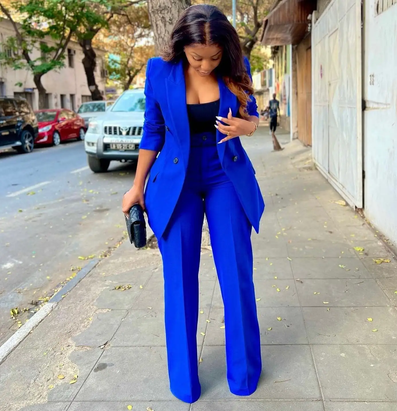 Elegant Royal Blue Women Suits Peaked Lapel Pocket Custom Made Blazers 2 Pieces Set (Jacket+Pants) Fashion Streetwear Daily Coat