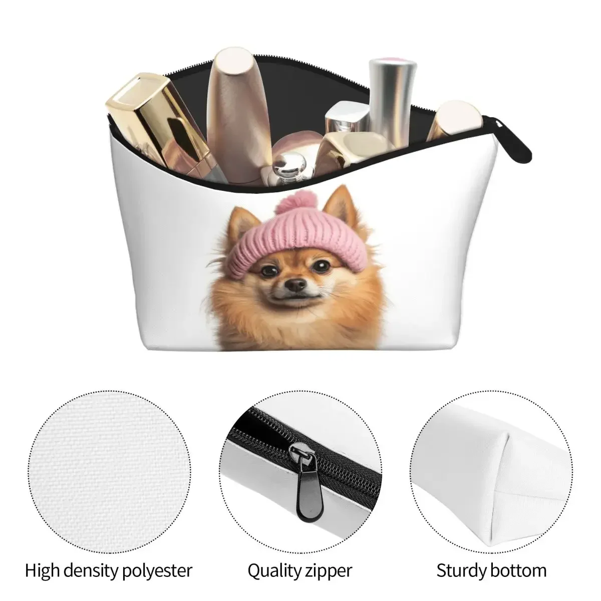 Cozy Pomeranian Dog Wearing Pink Winter Hat Women Cosmetic Bags Travel Makeup Organizer Pouch Toiletry Storage Dopp Kit Case