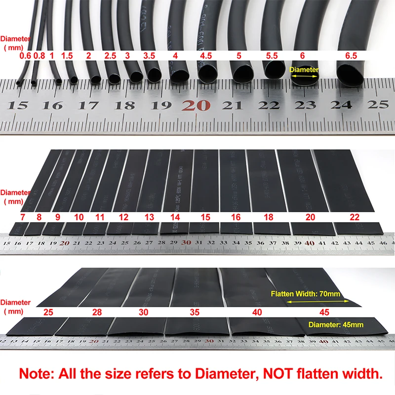 1~10m Black Heat Shrink Heatshrink Tube 2:1 Diameter 45~210mm Polyolefin Tubing Sleeving DIY Wrap Wire Repair Cable Protecctor