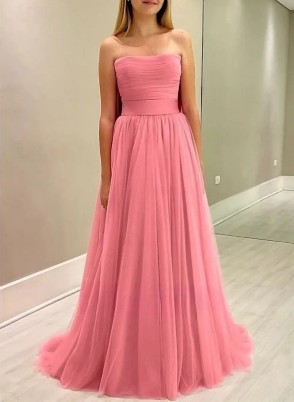 

Strapless A-Line Gown Tulle Long Dress Sleeveless Evening Gown Ribbon Bow Belt Birthday Party Wedding Guest Dress wedding dress
