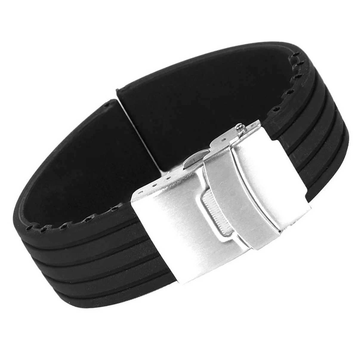 

24mm Black Silicone Watch Band Waterproof Stripes Pattern Stainless Steel Deployment Clasp Quick Release Safety