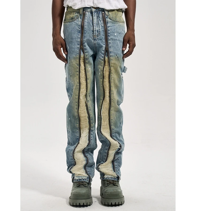 

Retro Workwear Style Men's Jeans 2023 High Street Double Zipper Brushed Spray Ink Washed Logging Casual Loose Straight Leg