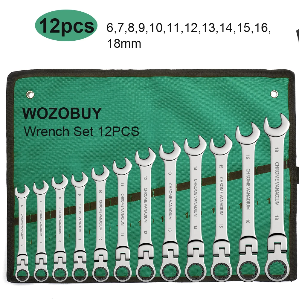 Ratelsleutel Set 8-22mm Tandwielring Ratel Combinatiesleutelset Metrische flexibele kop met canvas tas