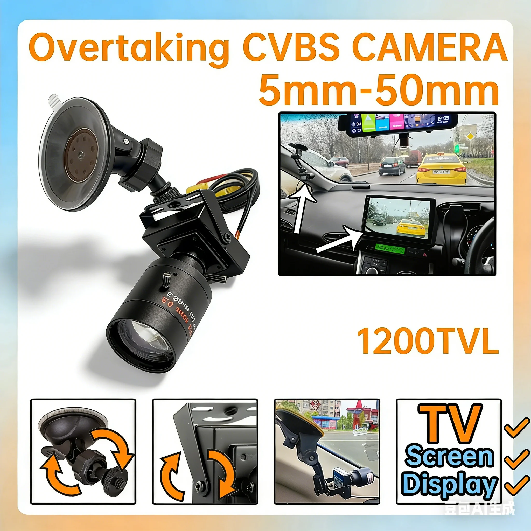 

Focus Ru Right-Hand Drive 1200TVL HD Mini Camera 5mm-50mm 10X Car Overtaking Suction Cup Bracket Set Metal Vehicle Bracket Kit