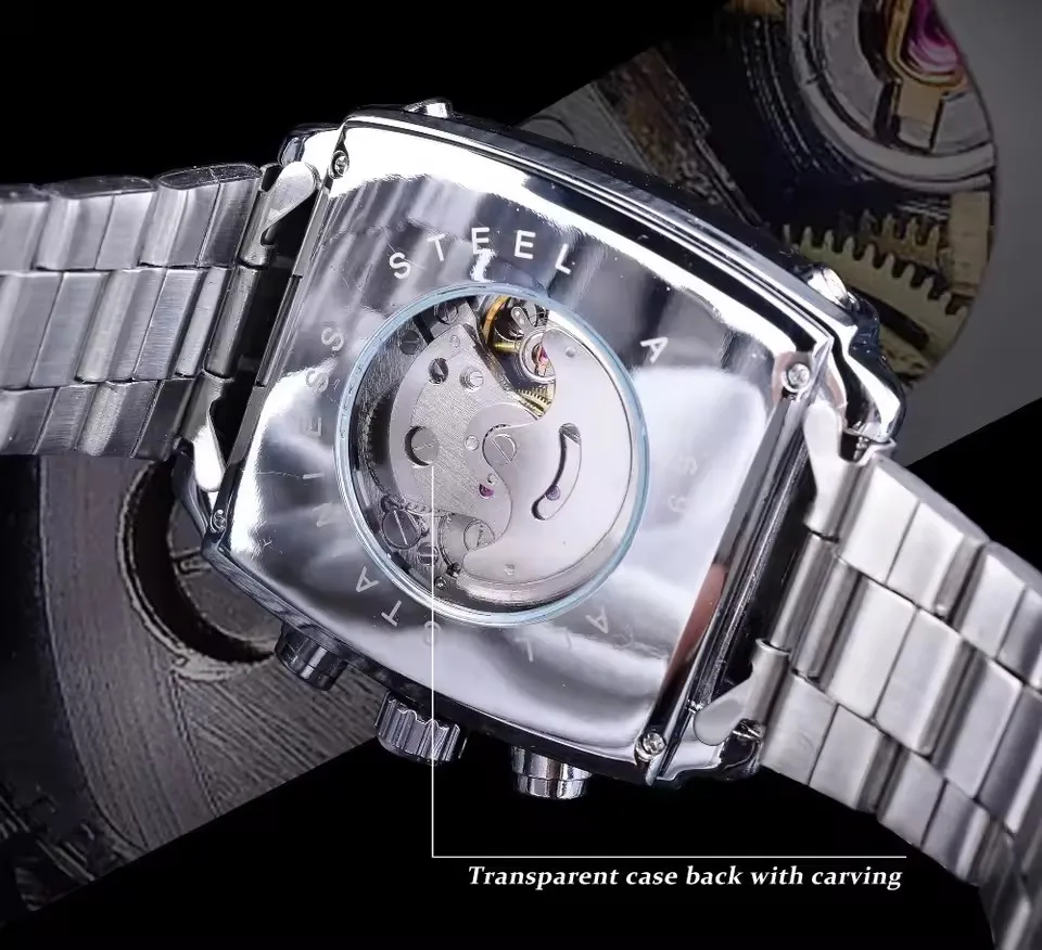 JARAGAR 569 ريترو مربع الهاتفي فريد الرجال التلقائي ساعة ميكانيكية التقويم أسبوع الصلب حزام ساعة رجالية عادية reloj hombre