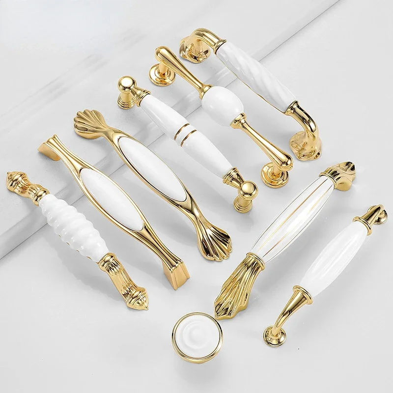 Gold White Creamic Gold Cabinet Handles Knobs Drawer Pulls Kitchen Door Handles Furniture Handle Cabinet Door Hardware