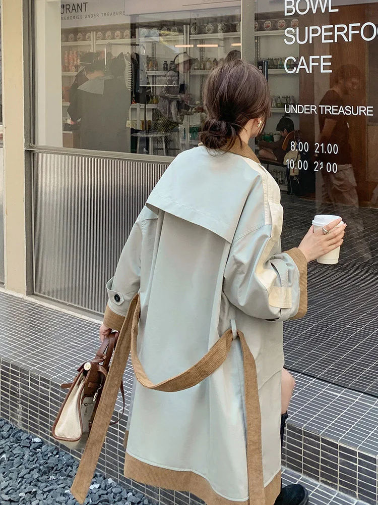 LANMREM Trench Coat Women Mid-length 2024 Spring Loose British Style Color Block Lapel Single Breasted Belt Windbreaker 2R7807